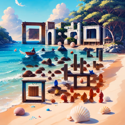 贝壳海滩水粉画风二维码艺术 — 图片 1
