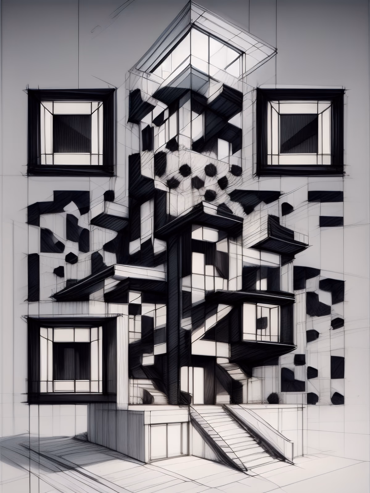 现代主义建筑铅笔素描二维码艺术 — 图片 1