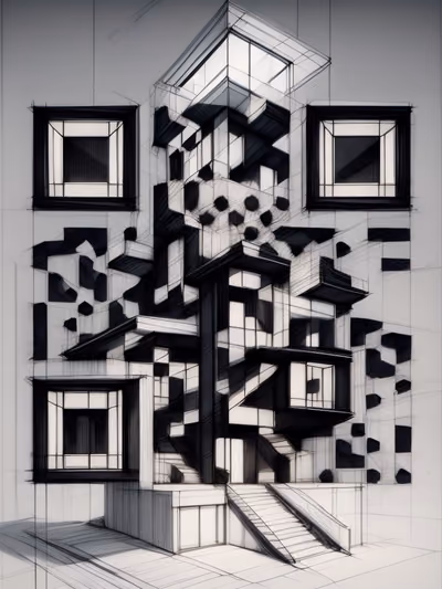 现代主义建筑铅笔素描二维码艺术 — 图片 1