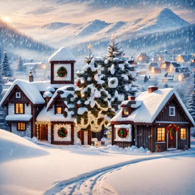 Snowy Christmas Village Digital Painting Realism QR Code for Greeting Cards