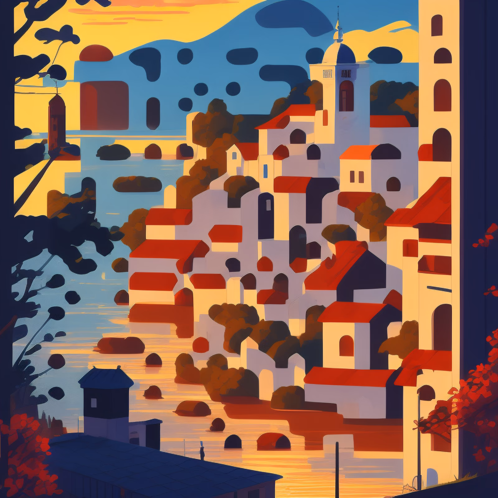 Lakeside Town Sunset Vector QR Code Art — image 1
