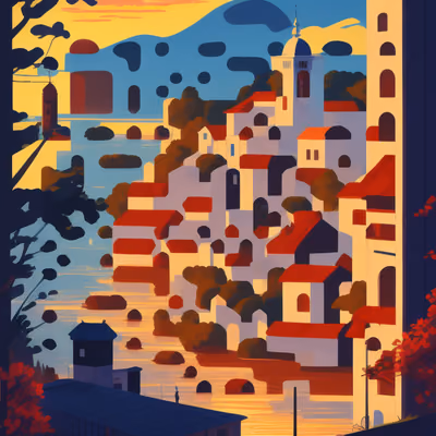 Lakeside Town Sunset Vector QR Code Art — image 1