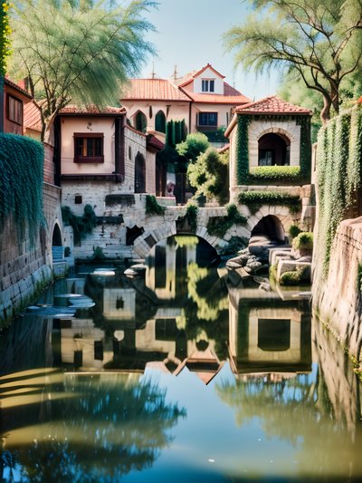 Stone Bridge River Village Photograph QR Code for Posters
