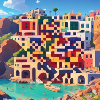 Colorful Hillside Harbor Village Vector QR Code for Posters