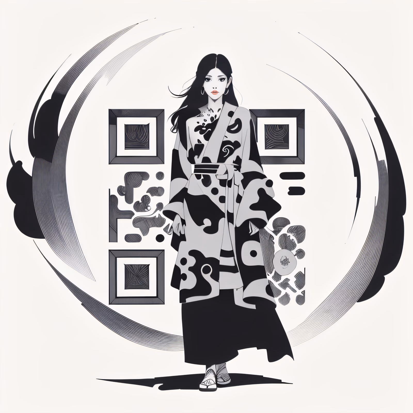 Kimono Woman Ink Drawing QR Code for Posters — image 1