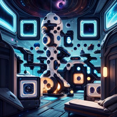 Интерьер космической станции, цифровая живопись: QR-код для постеров