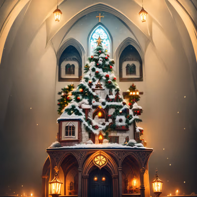 Gothic Church Christmas Tree Illustration QR Code for Greeting Cards — image 1
