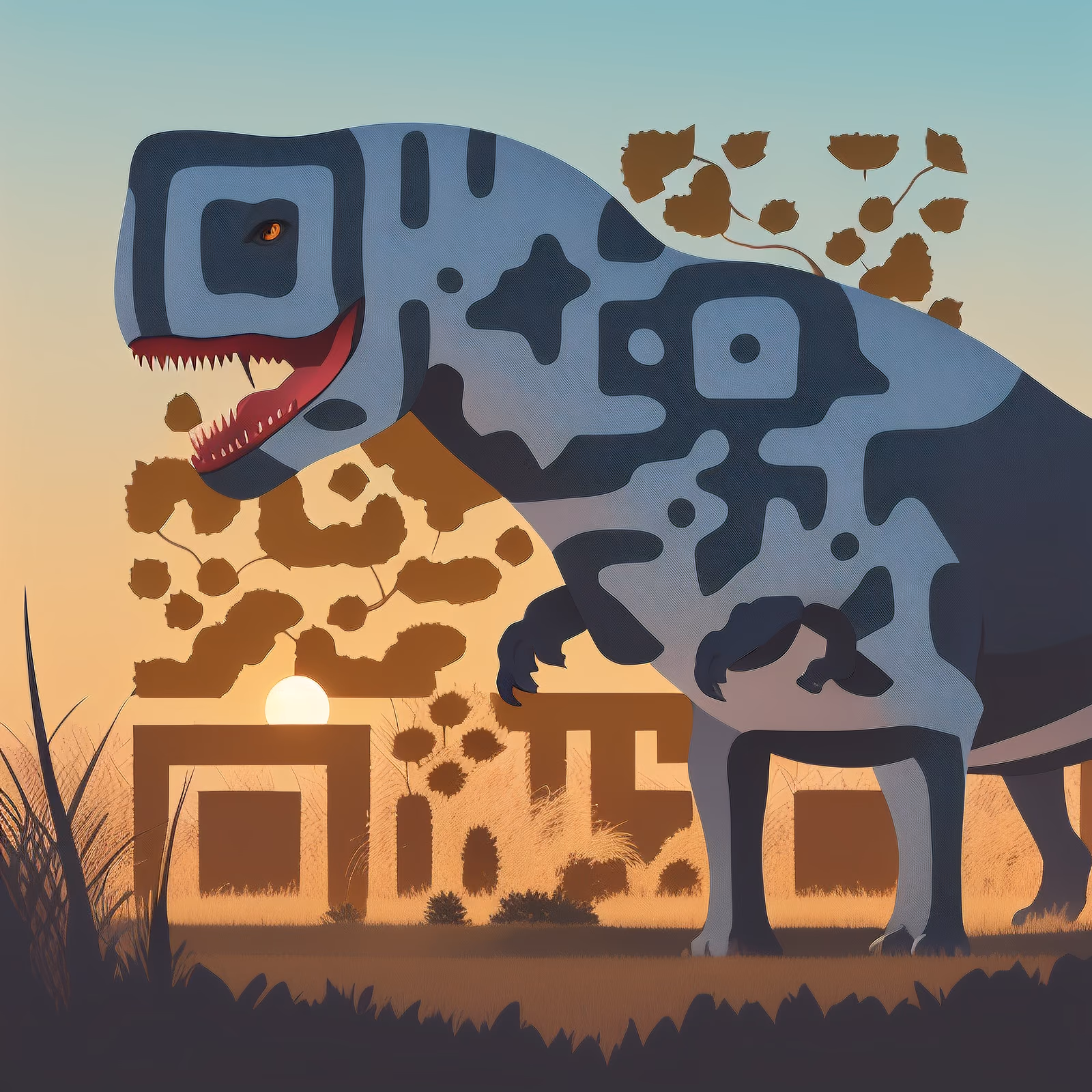 Tyrannosaurus Savanna Sunset Vector QR Code for Posters — image 1