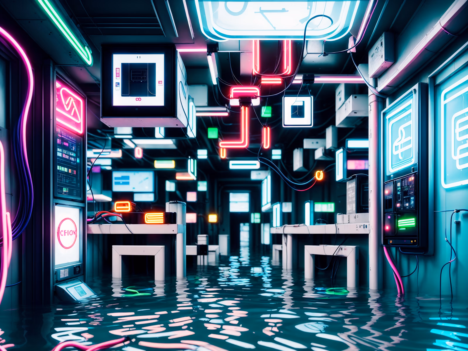 Flooded Neon Tech Lab Cyberpunk QR Code for Posters — image 1