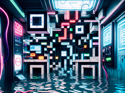 Flooded Neon Tech Lab Cyberpunk QR Code for Posters — image 1