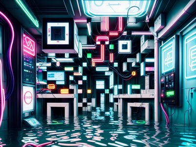 Flooded Neon Tech Lab Cyberpunk QR Code for Posters