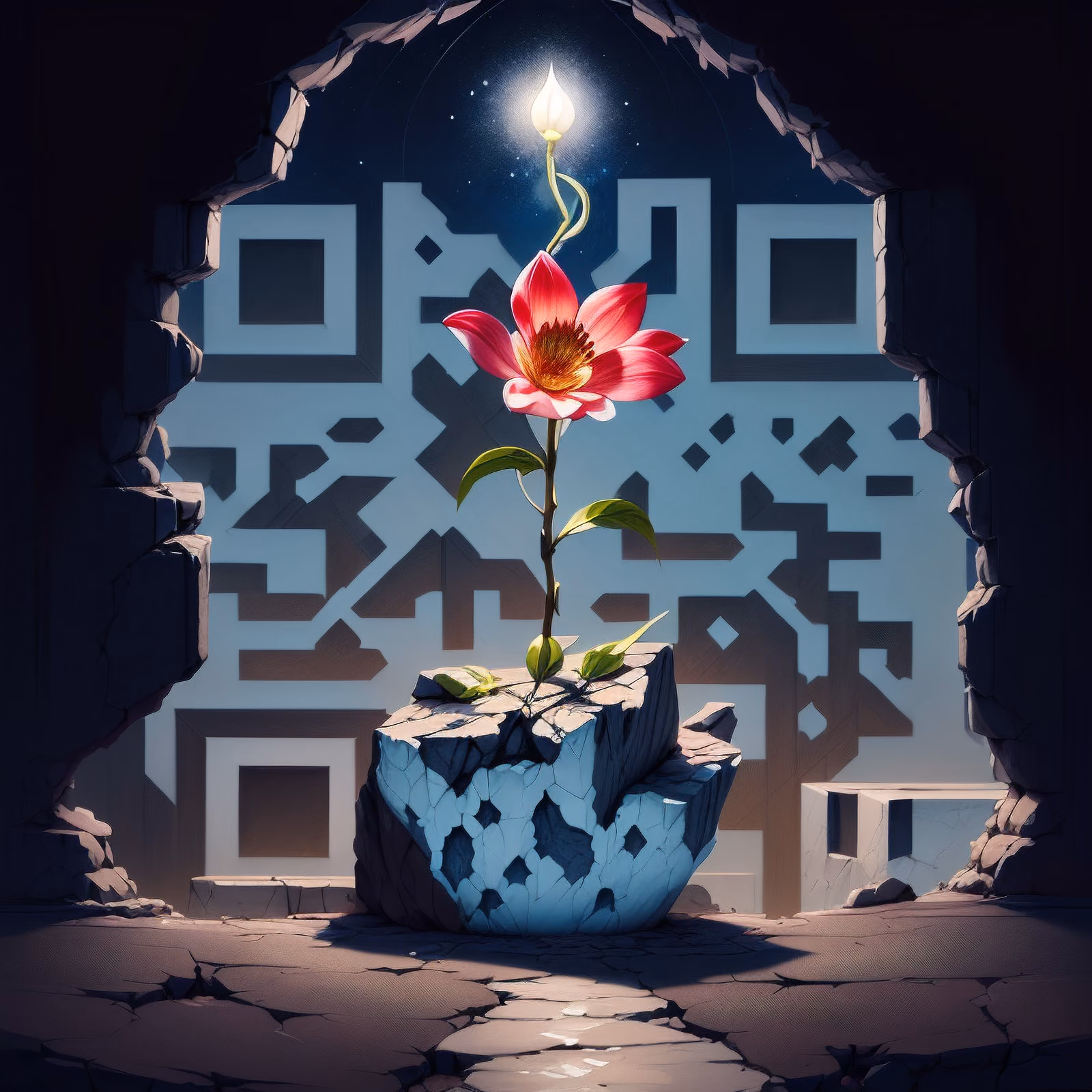 Светящийся цветок на треснувшем камне: живопись, QR-код — изображение 1