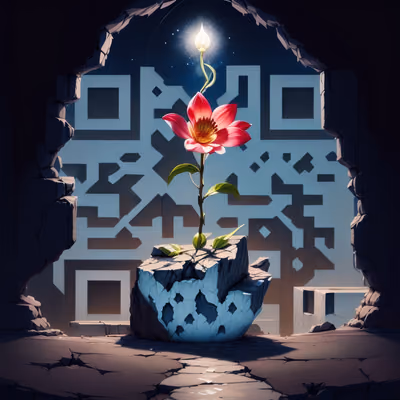 Светящийся цветок на треснувшем камне: живопись, QR-код — изображение 1