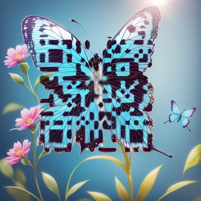 Голубая бабочка и цветы, цифровая живопись, QR-код