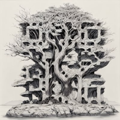 Tree on Rock Island Zentangle QR Code Art