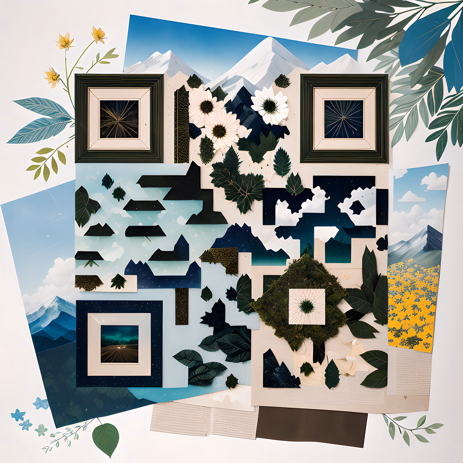 Горный пейзаж и листья: QR-код в технике бумажного коллажа — изображение 1