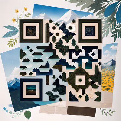 Горный пейзаж и листья: QR-код в технике бумажного коллажа — изображение 1