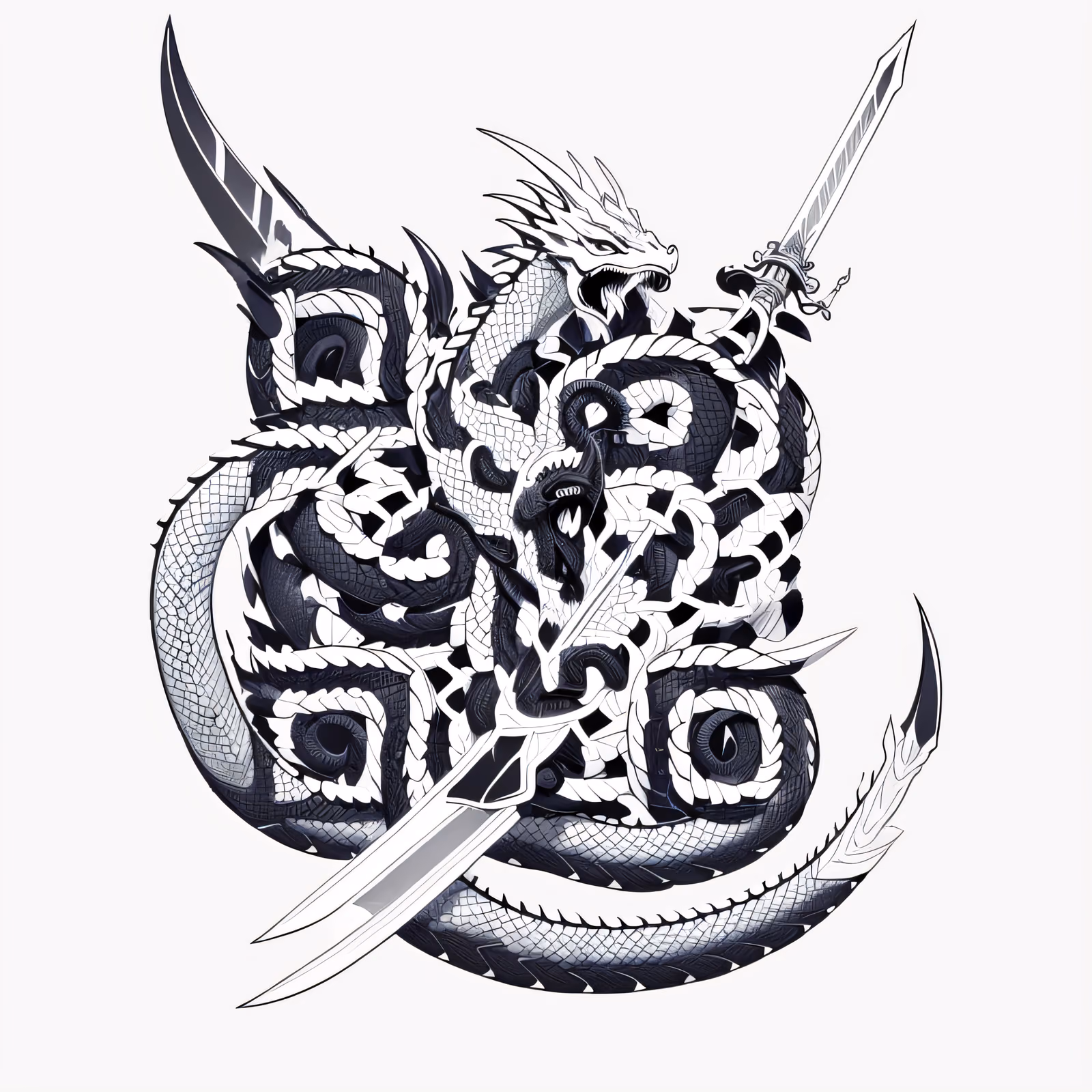 Свернувшийся дракон и клинки: QR-код для временной татуировки — изображение 1