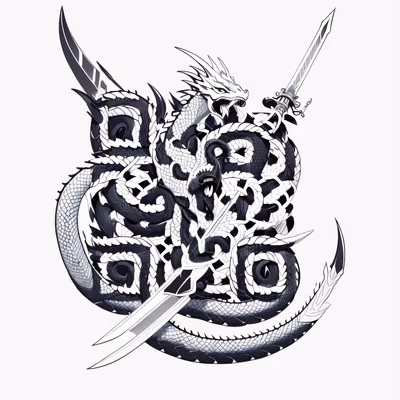 Свернувшийся дракон и клинки: QR-код для временной татуировки — изображение 1