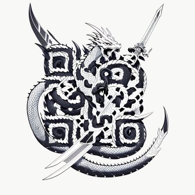 Свернувшийся дракон и клинки: QR-код для временной татуировки