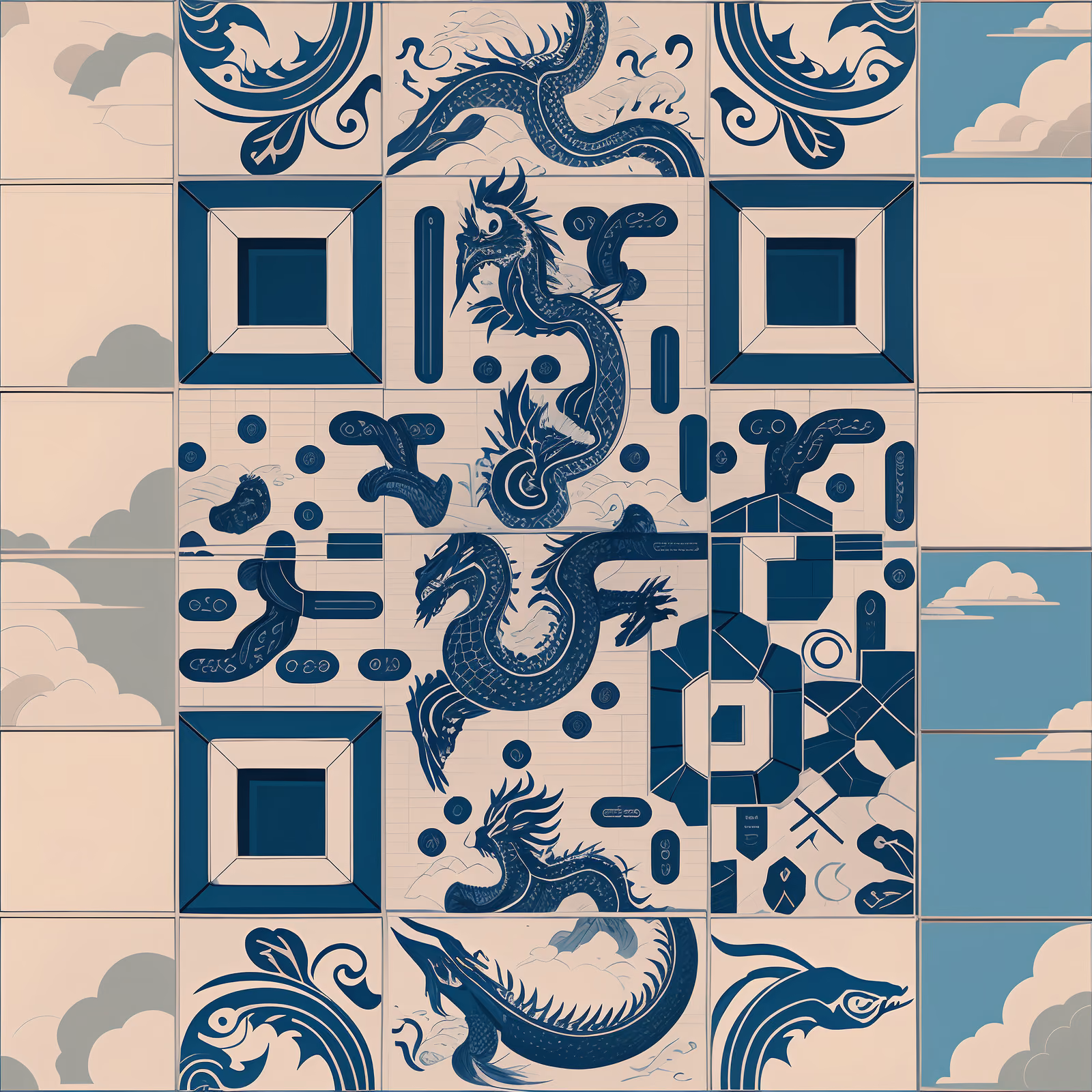 Синие драконы на плитке: QR-код в стиле керамики — изображение 1