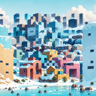 Snowy Hillside City Illustration QR Code Art