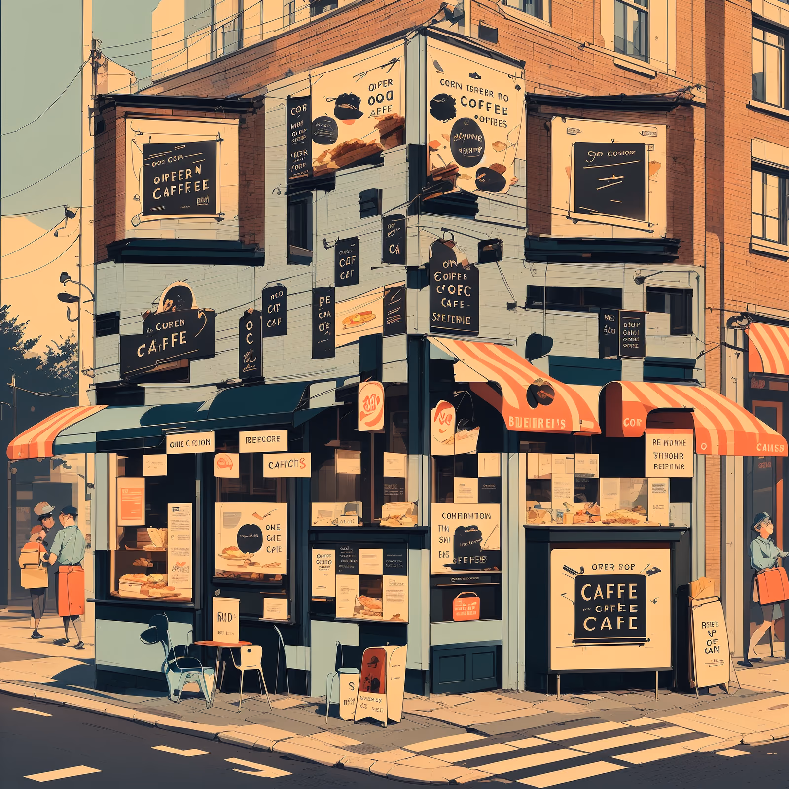 Ретро-кафе на углу: уличная иллюстрация и QR-код для витрин — изображение 1