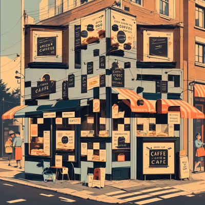 Ретро-кафе на углу: уличная иллюстрация и QR-код для витрин — изображение 1