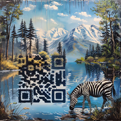 Zebra at Mountain Lake Painting QR Code Art — image 1