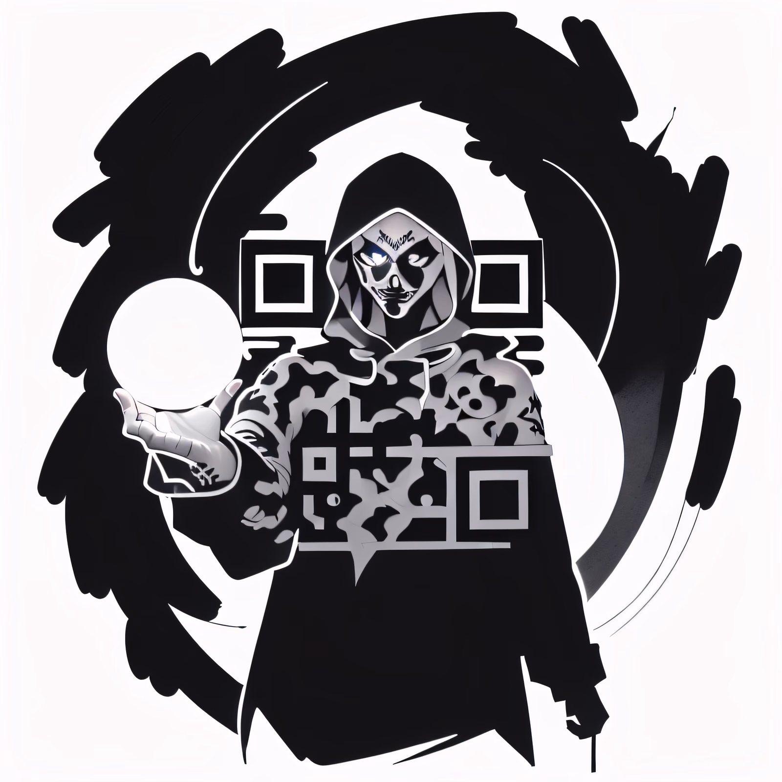 连帽人物水墨纹身风格二维码艺术,适用于服装 — 图片 1