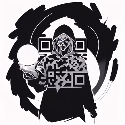 连帽人物水墨纹身风格二维码艺术,适用于服装 — 图片 1