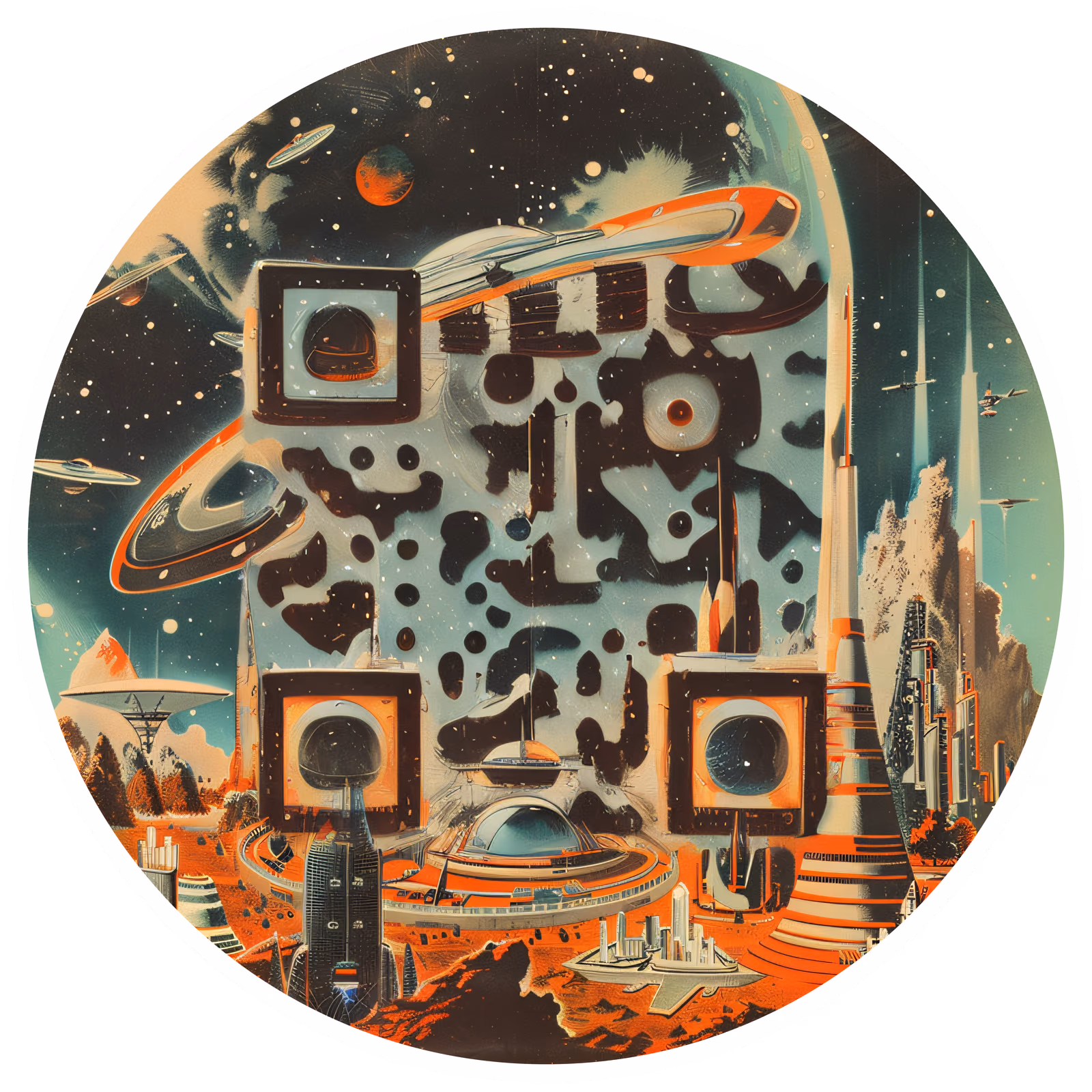 Retro Space Hotel Futuristic City QR Code for Stickers — image 1