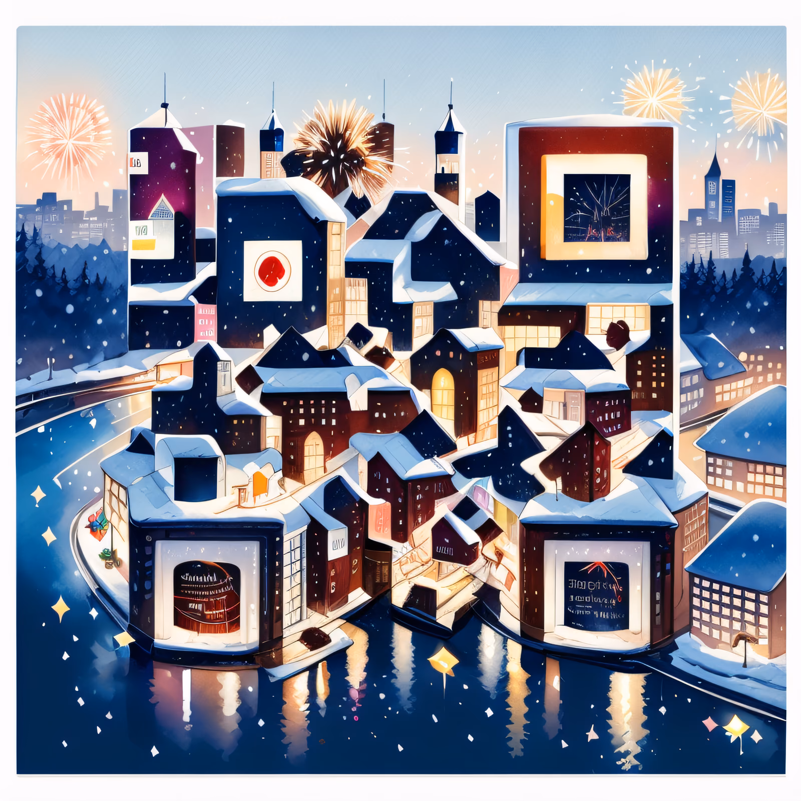 Snowy Night City Fireworks Watercolor QR Code for Greeting Cards — image 1