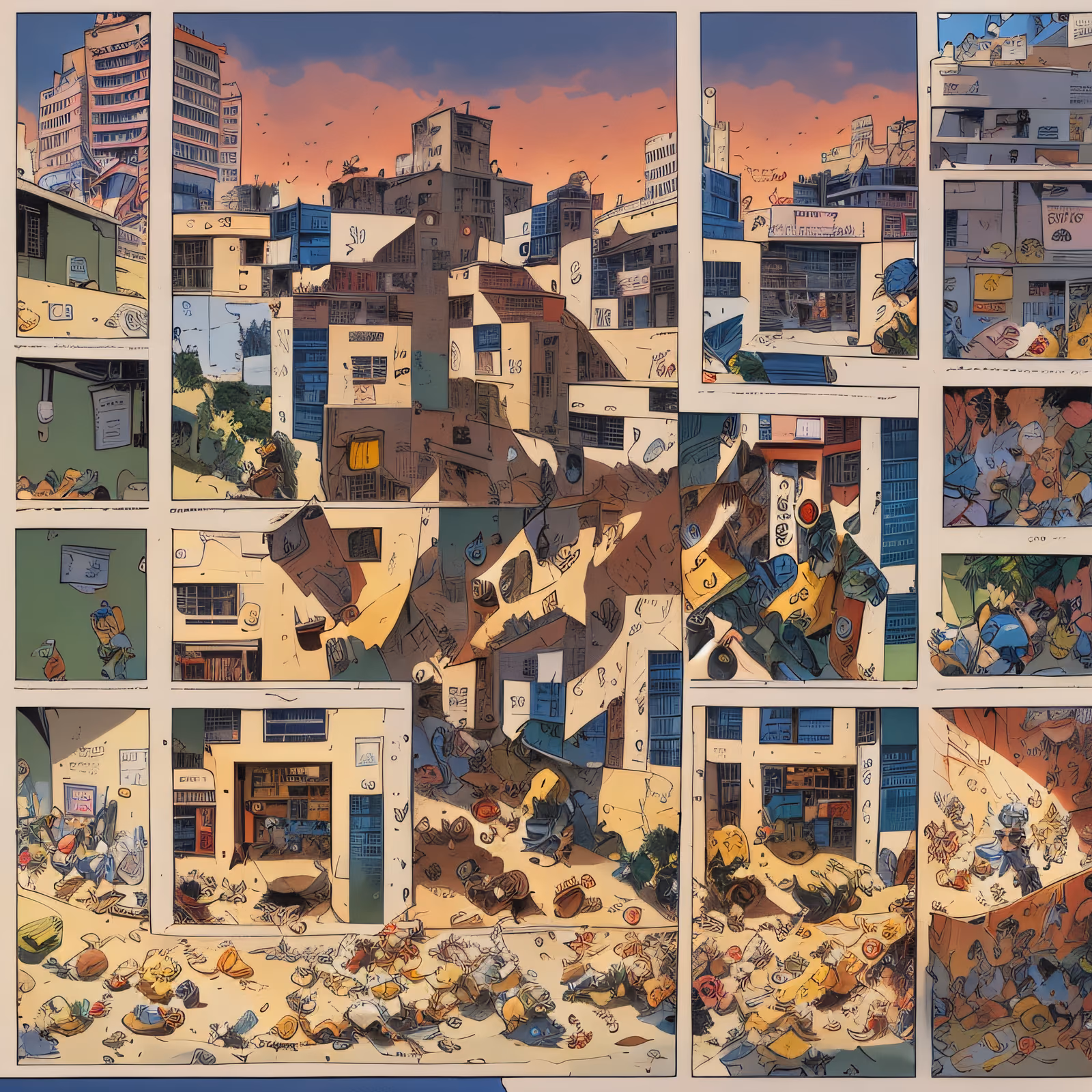 漫画分格城市场景二维码艺术,适用于海报 — 图片 1