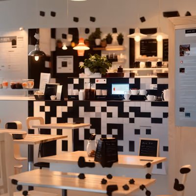 Modern Cafe Interior Photorealistic QR Code for Table Tents — image 1