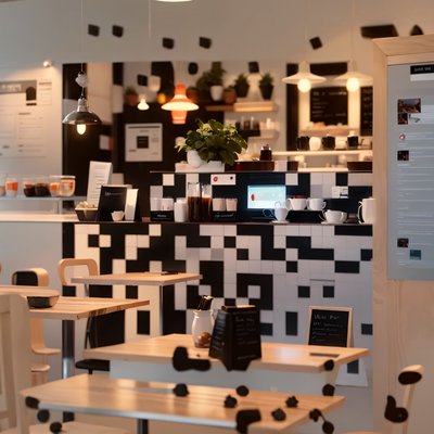 Modern Cafe Interior Photorealistic QR Code for Table Tents