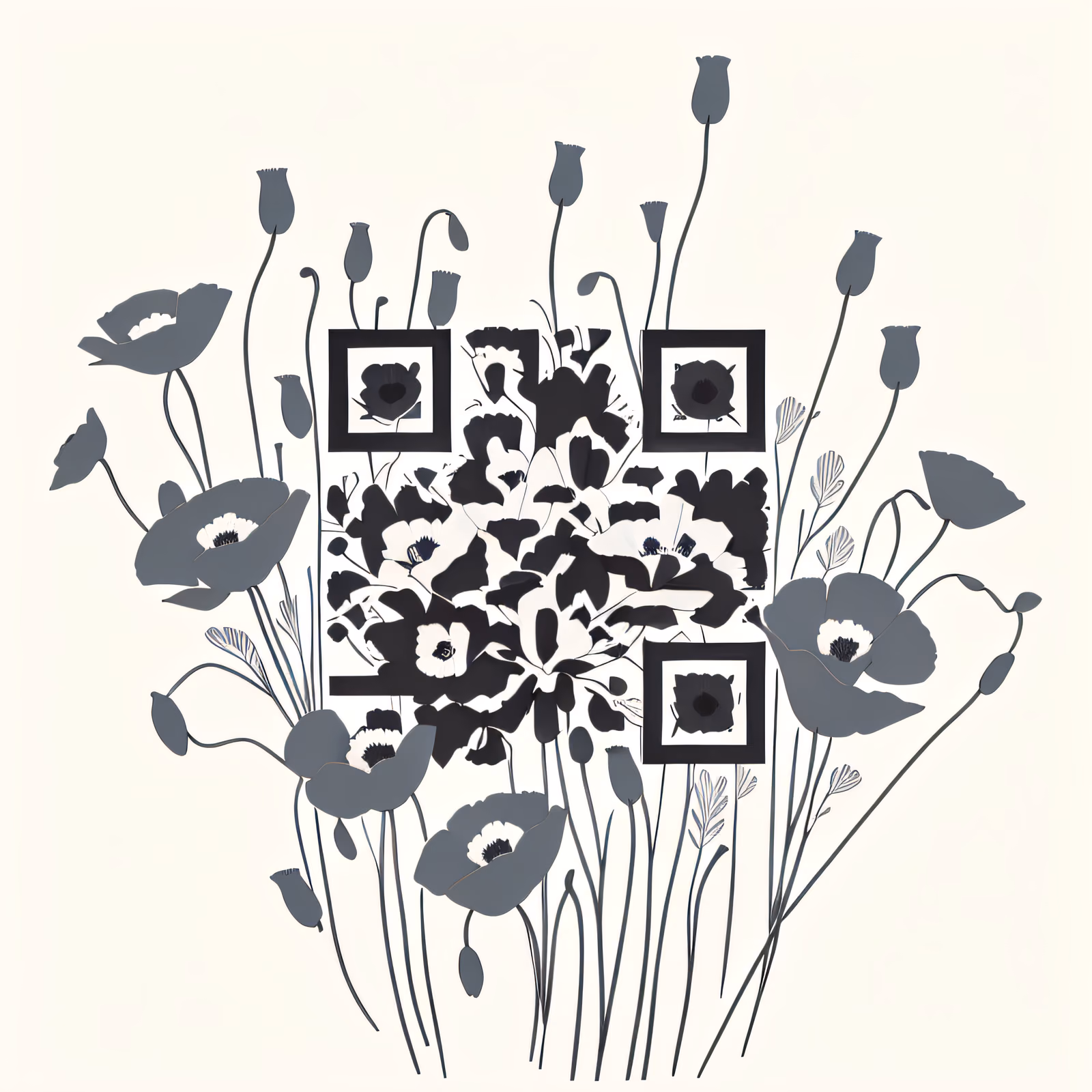 Black and White Poppies Ink QR Code Art — image 1