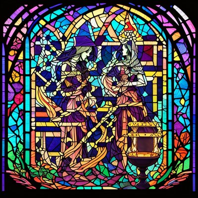 Witches in Arched Stained Glass QR Code Art