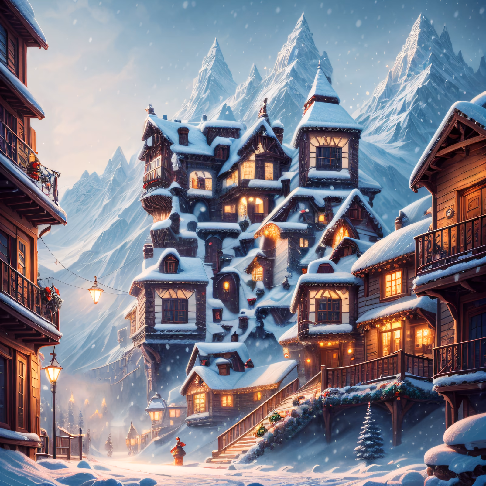 Snowy Christmas Village Digital Painting Mountains QR Code for Greeting Cards — image 1