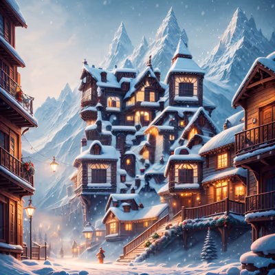 Snowy Christmas Village Digital Painting Mountains QR Code for Greeting Cards — image 1