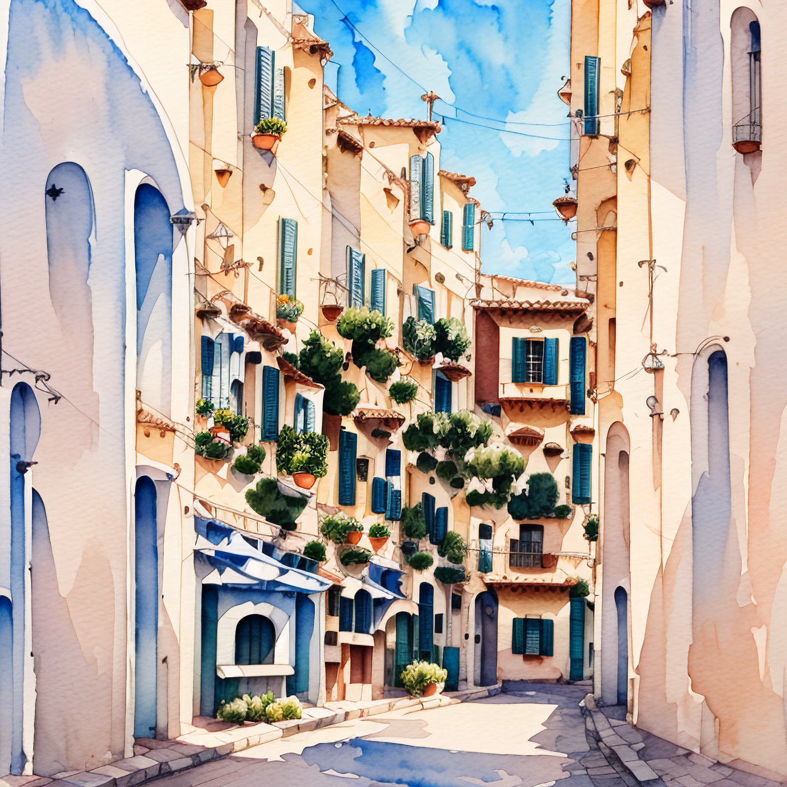 Mediterranean Street Watercolor QR Code Art — image 1