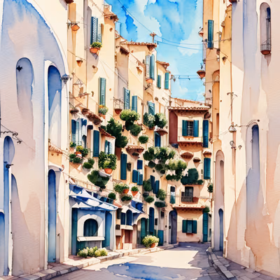 Mediterranean Street Watercolor QR Code Art — image 1