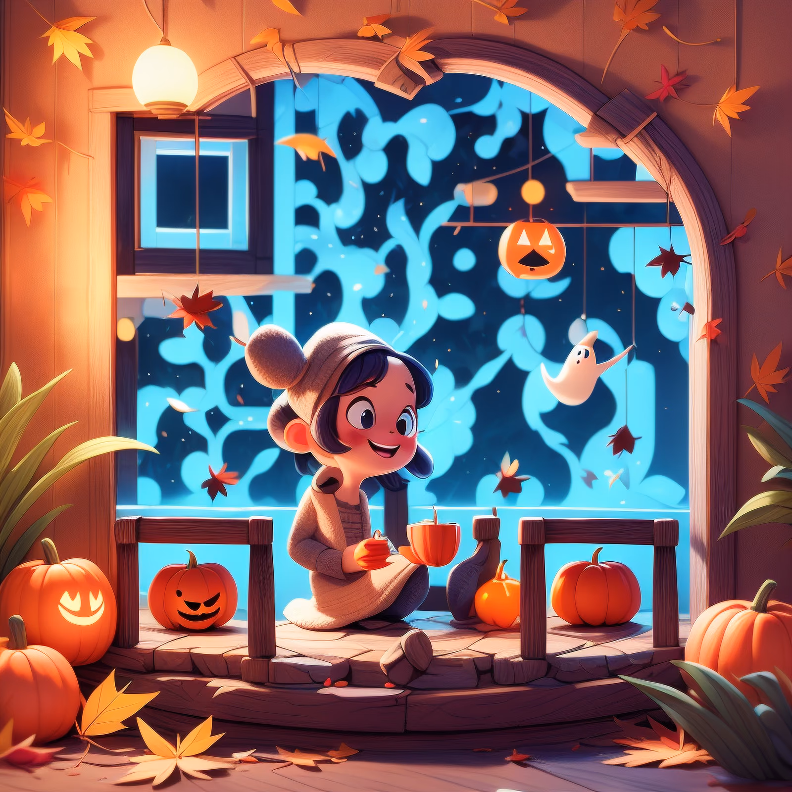 Halloween Girl With Pumpkins 3D QR Code for Posters — image 1