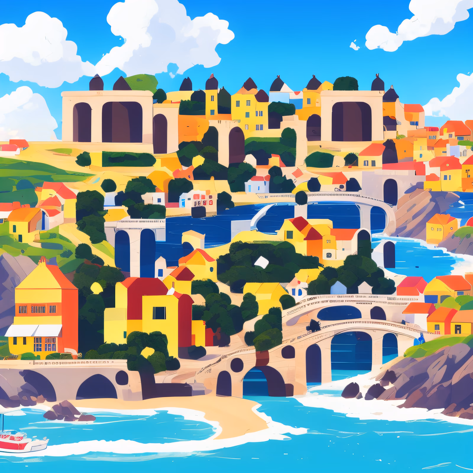 Hillside Coastal Village Vector QR Code for Posters — image 1