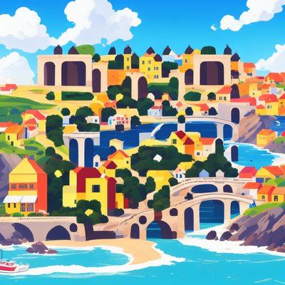 Hillside Coastal Village Vector QR Code for Posters