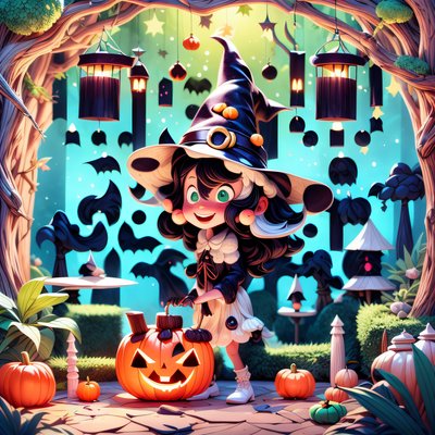 Cartoon Witch With Pumpkins QR Code for Posters