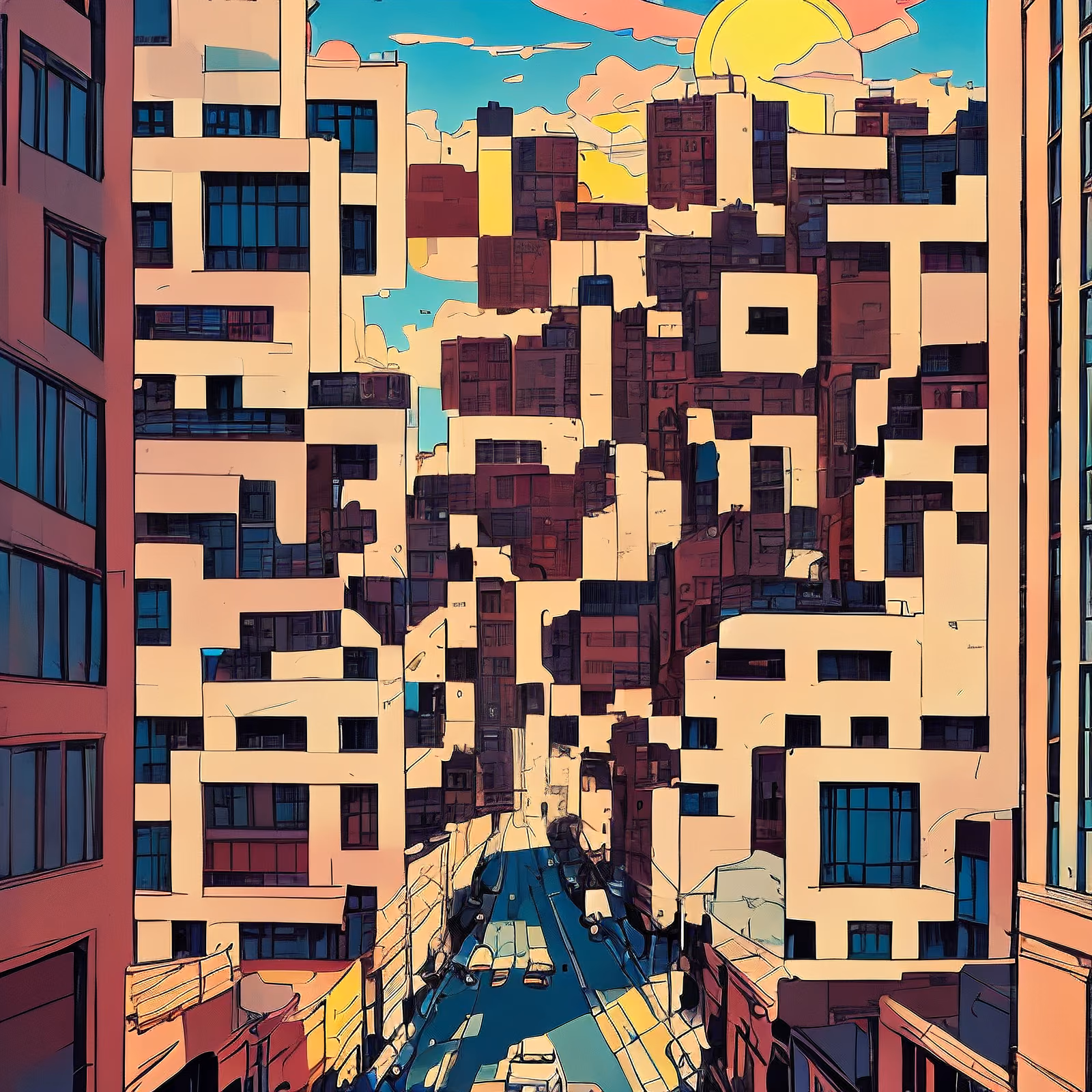 Sunset City Street Comic Book QR Code Art — image 1