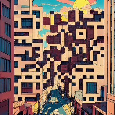Sunset City Street Comic Book QR Code Art