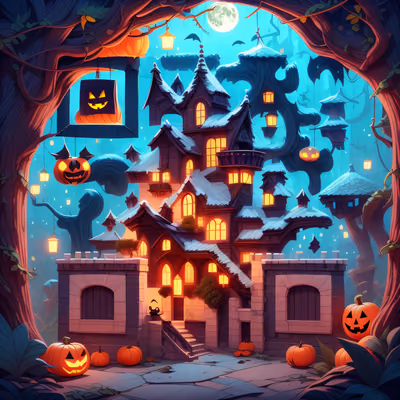 Halloween Castle Pumpkins Flat Illustration QR Code for Posters — image 1