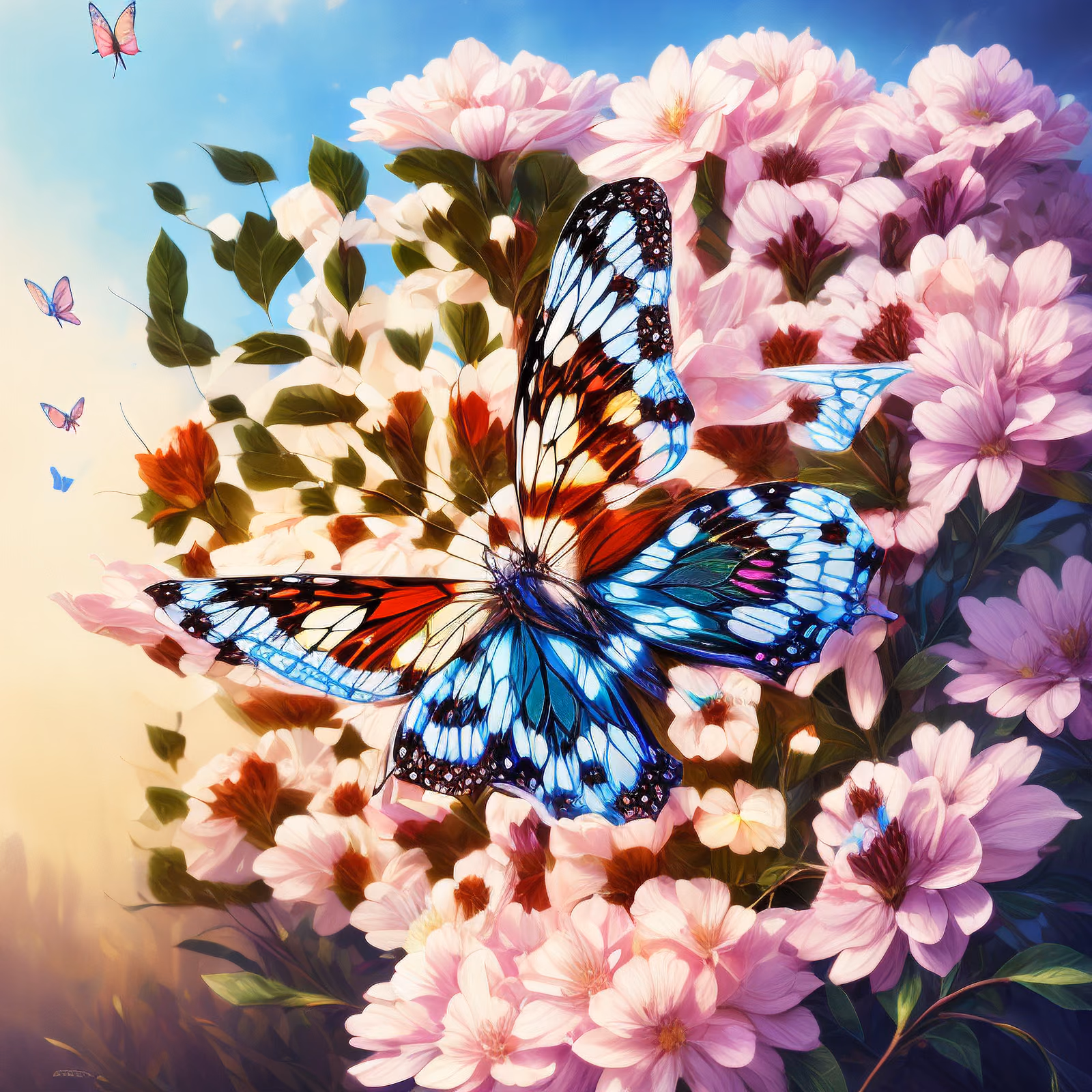 粉色花丛中的蝴蝶绘画二维码艺术 — 图片 1